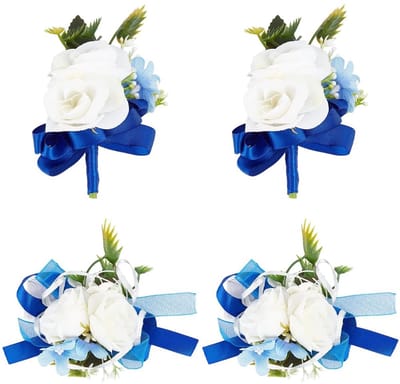 Corsage en Boutonnière Set - Bruiloft Accessoires - Navy Blauw Witte Rozen - Decoratie voor Bruiloft - Bloemen Set - Geschikt voor Bruid
