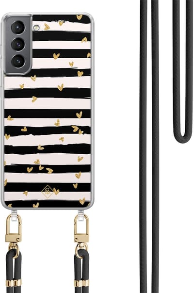 Casimoda® hoesje met zwart koord - Geschikt voor Samsung S21 Plus - Hart Streepjes - Afneembaar koord - TPU/polycarbonaat - Zwart