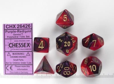Chessex dobbelstenen set Gemini polyhedraal paars-rood-goud 7 stuks.