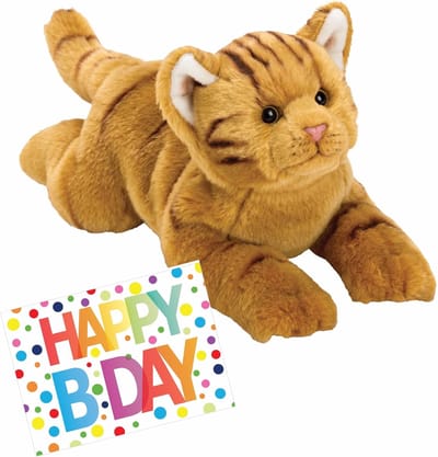 Pluche knuffel rode kat/poes van 33 cm met A5-size Happy Birthday wenskaart - Verjaardag cadeau setje