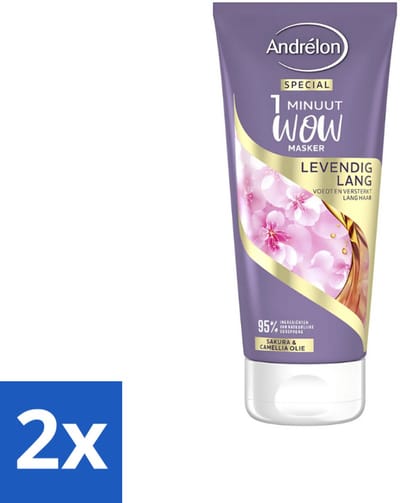 2 x Andrélon - 1 Minuut Wow Haarmasker - Levendig Lang - 180 ml - 1 Minuut Masker - Lang Haar Masker - Sakura En Camellia-olie - Haar Herstel - Haar Verzorging