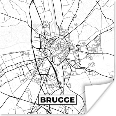 Poster Zwart Wit – België – Plattegrond – Stadskaart – Kaart – Brugge - 100x100 cm XXL