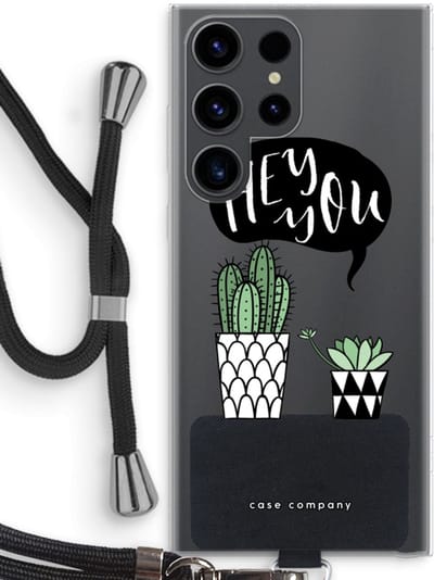 Case Company® - Hoesje met koord geschikt voor Samsung Galaxy S23 Ultra hoesje met Koord - Hey you cactus - Telefoonhoesje met Zwart Koord - Bescherming aan alle Kanten en Over de Schermrand