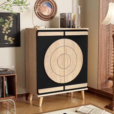 MODFU Schoenenkast - Geometrische Deuren - Meerlaagse Opbergruimte - Modern - Voor Hal Of Entree - MDF - Zwart En Naturel - 76 x 37 x 98,5 cm