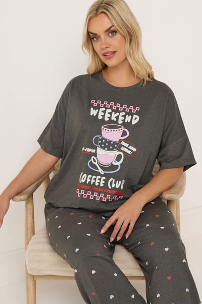 Yours Bruin Weekend Coffee Club Wijde Pyjamaset Size 42-44