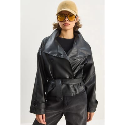 Oversized Faux Leren Jacket met Knopen Sluiting