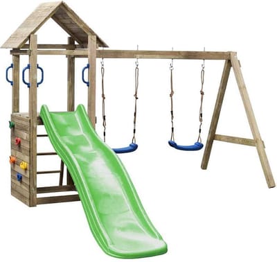 Houten Speeltoestel Maria (SwingKing) | Speeltoren met Glijbaan en Dubbele Schommel voor Buiten in de Tuin | FSC Hout - Glijbaan Appelgroen