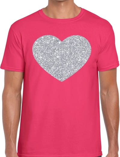Glitter and Glamour hartje print - in het zilver - t-shirt in het roze - voor heren - Love - Vrijgezellenfeest - Foute Party S