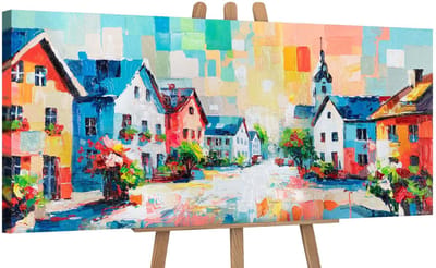 Canvas schilderij panoramisch 115x50 handgeschilderd heldere straatjes stad – YS-Art Gallery – Vrolijke wanddecoratie voor woonkamer – Modern schilderij voor hal