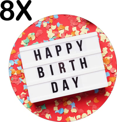 Luxe Ronde Placemat - Happy Birthday met Confetti en Slingers - Set van 8 Placemats - 50x50 cm - 2 mm dik Vinyl - Anti Slip - Afneembaar