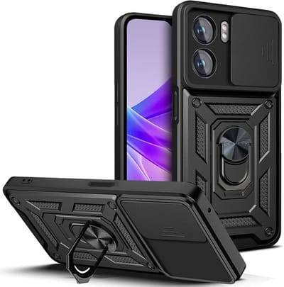 Coverup Hoesje - Geschikt voor OPPO A57 / A77 Hoesje - Coverup Armor Ring Kickstand Back Cover met Camera Shield - Zwart
