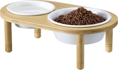 Voerbak Verhoging - Dubbele Voerbak - Comfortabel Eten - Twee Keramiek Bakken - 350 en 650 ml - Wit Hout