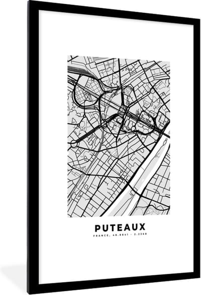 Fotolijst incl. Poster - Frankrijk - Plattegrond - Kaart - Puteaux - Stadskaart - 80x120 cm - Posterlijst