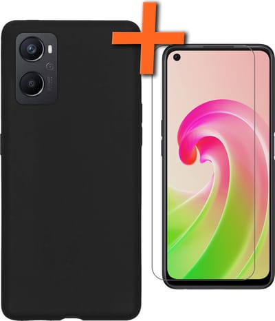 Hoes - Met Screenprotector - Geschikt voor OPPO A76 - Sterk & Shockproof - Back Cover - Siliconen Case - Telefoon Hoes - Zwart