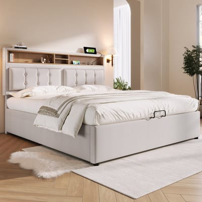 Wishdor Gestoffeerd Bedframe 140x200 cm – Verstelbaar Hoofdbord – Opberghoofdbord met Stopcontact en USB/Type-C – Linnen – Beige
