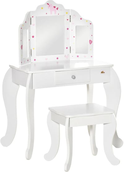 Roossentials Kaptafel - Make-up tafel - Beautytafel - Schminktafel - Voor kinderen - Met spiegel, kruk en lade - Hout - Wit