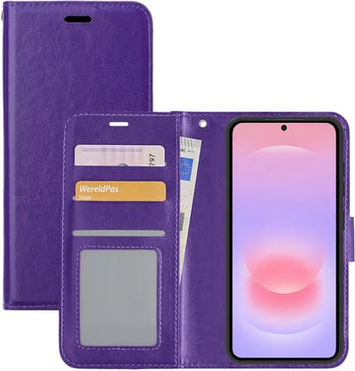 Hoesje - Met Pasjeshouder - Geschikt voor Samsung Galaxy A37 - Luxe Bookcase Portemonee - Flip Case - Kunstleer Book Case - Flipcase - Book Cover - Walletcase - Portemonneehoes - Paars