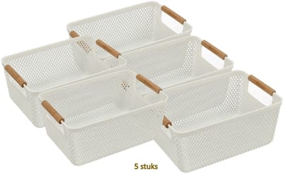 Opbergmand Kunststof Set van 5 – 6 Liter per Mand – Keukenkast en Kledingkast Organizer – Stapelbare Opbergdoos – Plastic Opbergmand Vierkant