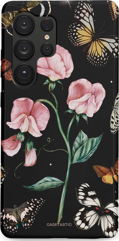 Casetastic hoesje geschikt voor Samsung Galaxy S25 Ultra - Dubbellaagse bescherming - Vleugels en bloemen - Fashion Case - Zwart Grijs Taupe