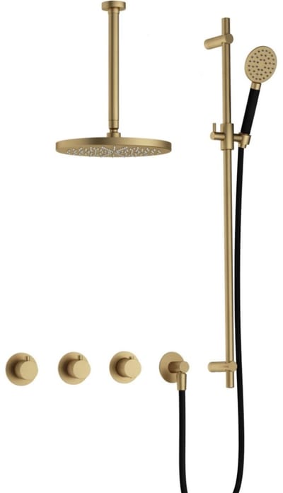 Hotbath Cobber - CB7067 - Inbouw Regendoucheset - Geborsteld Messing - 2 Stopkranen - Thermostatisch - Plafondbuis 30 cm - Hoofddouche 200 mm - Ronde Handdouche 3 Standen - Glijstang 900 mm - Waterbesparend