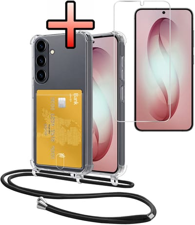 Hoes Geschikt voor Samsung Galaxy S26 Hoesje Pasjeshouder Cover Met Koord Shock Proof Case Siliconen Hoes Met Telefoonkoord en Kaarthouder Met Screenprotector - Transparant