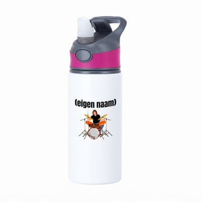 Hacebo® - drummer met drumstel met eigen naam waterfles met rietje roze - Drummen - muziek liefhebbers - drummers - drumstel - verjaardag - cadeau - kado - water fles - 650ML