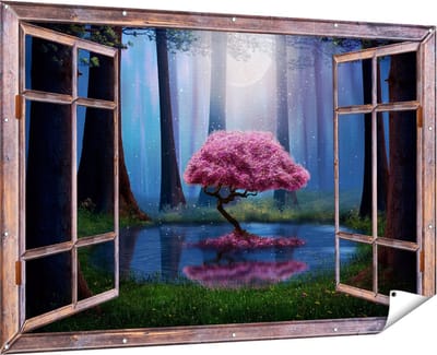 Gards Tuinposter Doorkijk Roze Boom op een Vijver in de Nacht - 180x120 cm - Tuindoek - Tuindecoratie - Wanddecoratie buiten - Tuinschilderij