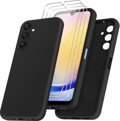 Geschikt voor Samsung Galaxy A25 5G - Siliconen - Drie gehard glas schermbeschermer - Back Cover hoesje - Zwart