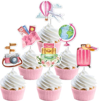 Dailygoods- Cupcake Toppers 24 Stuks - Roze/Witte Decoratie - Reis Thema - Feest Decoratie - Cupcake Versiering - Hoogwaardig Papier - Feestdecoratie