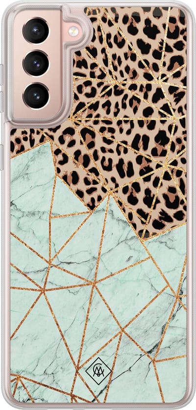 Casimoda® hoesje - Geschikt voor Samsung Galaxy S21 - Luipaard Marmer Mint - 2-in-1 case - Schokbestendig - Luipaardprint - Verhoogde randen - Mint, Transparant