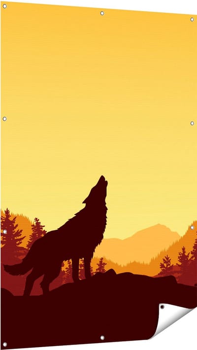 Gards Tuinposter Silhouet van een Wolf in het Bos - Abstract - 100x150 cm - Tuindoek - Tuindecoratie - Wanddecoratie buiten - Tuinschilderij