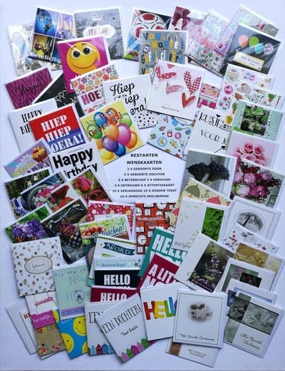 RESTANTEN - 65 Wenskaarten: 25 x Hartelijk Gefeliciteerd + 10 x Zonder tekst + 30 x Assortie - 12 x 11 cm - VN-072