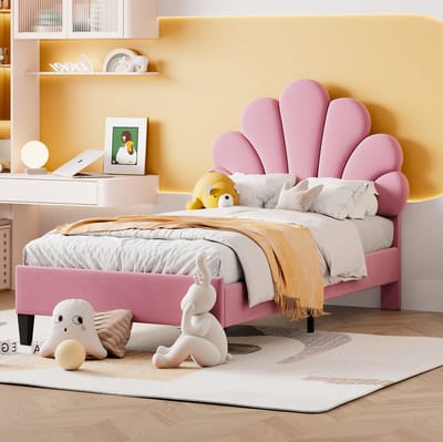MEUNIQ gestoffeerd kinderbed 90 x 200 cm met bloemenvormig hoofdbord en lattenbodem, eenpersoons bedframe voor kinderkamer of slaapkamer, roze