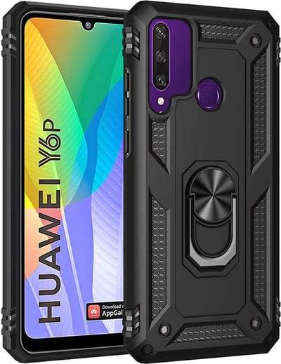 Hoesje Geschikt voor Huawei Y6p Hoesje - Anti-Shock Hybride Ring Armor met Kickstand - Zwart