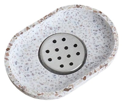 Terrazzo Zeepbakje - Zeepbakje - Natuursteen - Beige - Met RVS Afvoer - Voor Badkamer, Wastafel en Keuken