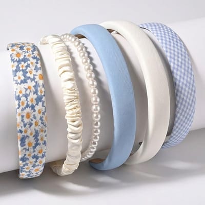 Set van 6 haarbanden voor dames en meisjes – stijlvolle diadeem set in blauw, wit en bloemmotief – haaraccessoires met parels, stof en satijn
