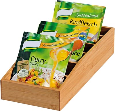 FSC® Bamboe Houten Opbergkist met 6 Vakken voor Soep of Saus Zakken | Praktische opbergkist voor Bv Sauzen, Soep, Specerijen, Kruiden, Bakpoeder etc | Bestaande uit 6 vakken in elk vak passen 4 Zakken | Keuken opberg Kist | Afm. 15 x 35 x 7 Cm.