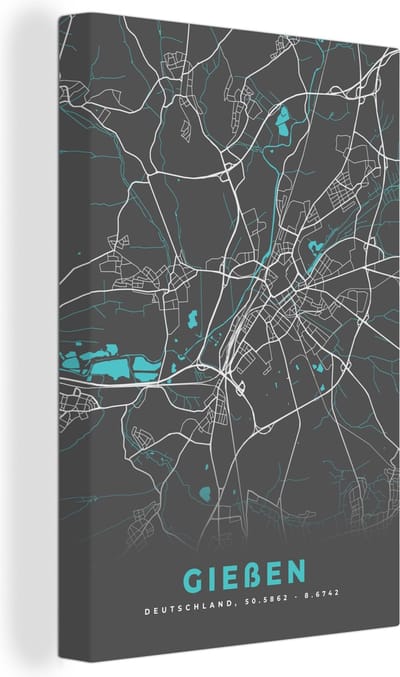 Canvas Schilderij Blauw – Duitsland – Plattegrond – Stadskaart – Kaart – Gießen - 20x30 cm - Wanddecoratie