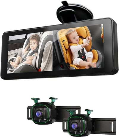 Baby-autocamera - 6,86" HD-splitscreen met Dubbele 1080P-camera op de Achterbank, IR-nachtzicht en 360 ° Draaibare, Naar Achteren Gerichte Auto-babyfoon, Eenvoudig Te Installeren