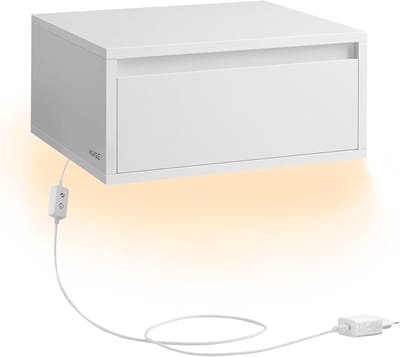 Furnstar Hangend Nachtkastje met LED Verlichting – Zwevende Wandplank met Lade – 3 Kleuren Licht – 35 x 40 x 18 cm – Modern Design voor Woonkamer & Slaapkamer – Wolkenwit