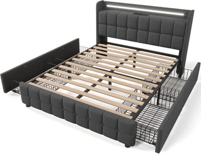 Gestoffeerd bed met USB-oplaadpunt, hoofdbord, ledverlichting en 4 lades; tweepersoonsbed afmetingen: 180x200 cm; bedframe met opbergruimte; lattenbodem; grijs (matras niet inbegrepen).