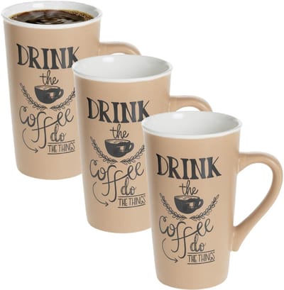 Secret de Gourmet hoge koffie mok / beker met oor - 3x - beige - keramiek - 500 ml - koffie print - servies - warme dranken