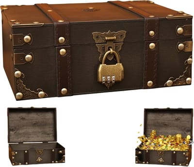 Vintage Houten Schatkist met Combinatieslot voor Kinderen, 24 x 17 x 9,5 cm, Opslagdoos voor Verjaardagen, Decoratieve Box en Cadeau Idee