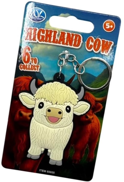 Schotse Hooglander Sleutelhanger – Witte Koe – Highland Cow Sleutelhanger Dubbelzijds 6 cm – Landelijke Accessoire