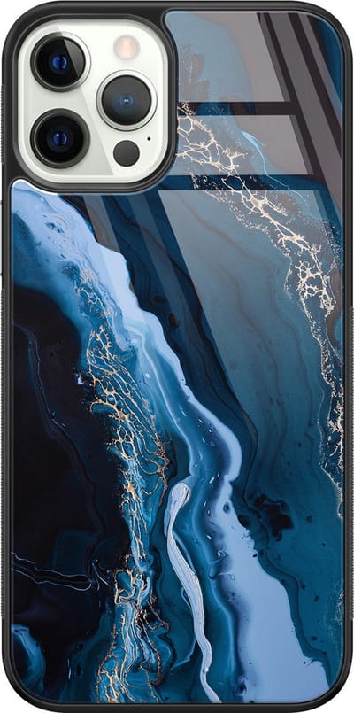 Hoesje geschikt voor iPhone 12 Pro - Marmer kobaltblauw - Luxe Glazen Hardcase - Marmer - Blauw - Leuke Telefoonhoesjes