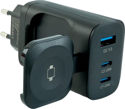 Strap-it 43W adapter met oplader geschikt voor Apple Watch 1/2/3/4/5/6/7/8/9/10/11/SE/Ultra (2/3) - Meerdere apparaten tegelijkertijd opladen - draadloze smartwatch oplader - Adapter met USB - A aansluiting en 2 USB - C aansluitingen (zwart)