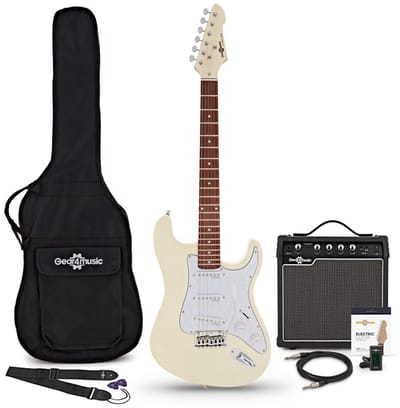 LA Select Legacy Elektrische Gitaar, Vintage White, 15W Versterker & Accessoireset