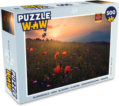 Puzzel Bloemenveld - Gras - Bloemen - Planten - Zonsondergang - Oranje - Legpuzzel - Puzzel 500 stukjes