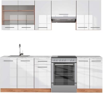 Vicco Fame-Line Complete keukeneenheid – 240 cm, WB Marmer Wit hoogglans/goud power eiken