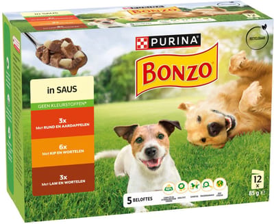 3x Purina Bonzo (Friskies) met rund, kip, lam in saus maaltijdzakjes natvoer hond 12x 85g